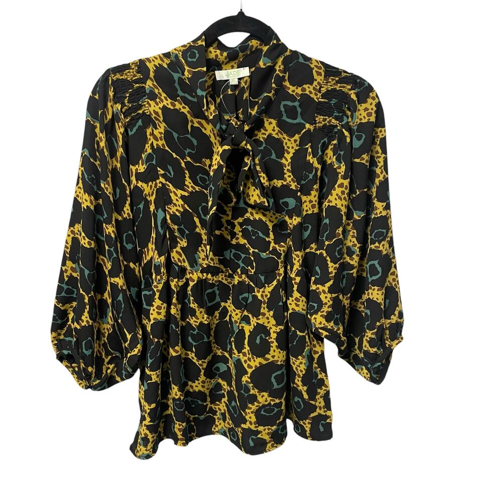 Jade Melody Tam Puff Sleeve Tie Neck Giraffe Animal Print Blouse Womens XS